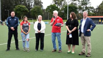 Richard Griffiths from Hockey NSW, Shakari Williams, who preformed the Welcome to Country, MidCoast mayor Claire Pontin, Manning Hockey Association president Frank Birkefeld, Member for Myall Lakes Tanya Thompson and Member for Lyne Dr David Gillespie at the official re-opening of the Terry Launders Field.