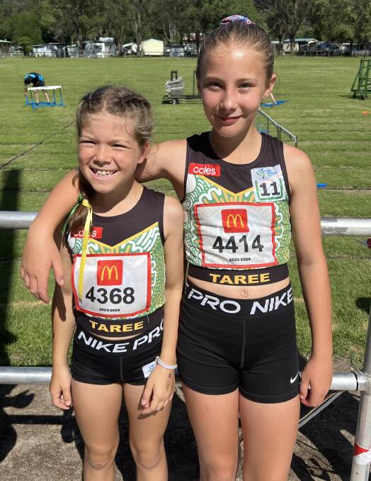 Mia Currie and Jarrah Butler both broke the 11 years girls hurdles record. Picture Taree Little Athletics Club.