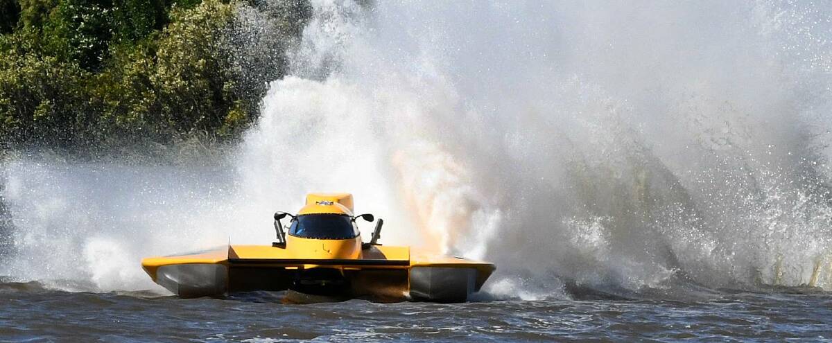 GP Hydroplane Warlord smashes through the water during Taree Aquatic Powerboat Club's Easter Spectacular. Picture Scott Calvin.