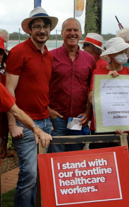 Labor candidate for Lyne Alex Simpson (left) and Labor candidate for Cowper Keith McMullen at a nurses and midwives rally in Port Macquarie.
