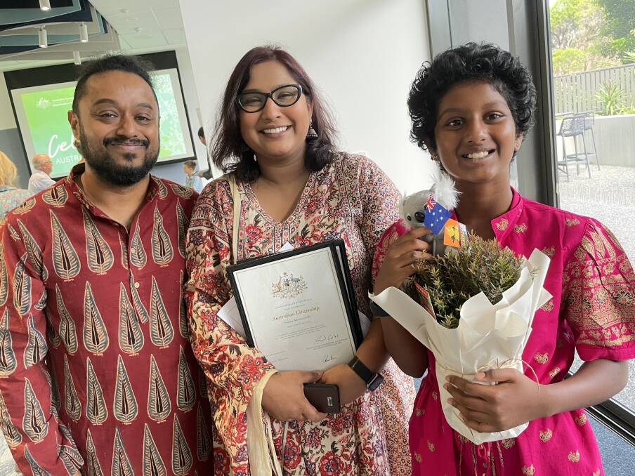 This year's citizenship ceremony was held at the Forster Civic Centre on January 29. Forster family Nirmal Joy, Jinu Abraham and Nanma Joy (10).Picture by Jeanene Duncan.