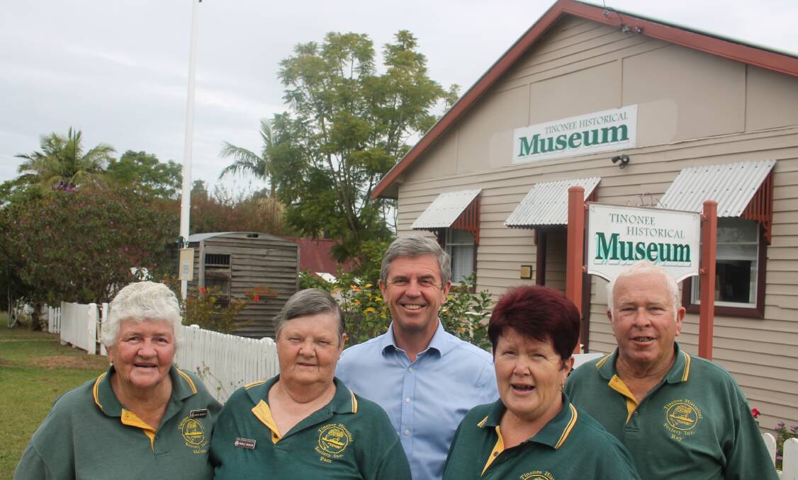 Dr David Gillespie with Tinonee Historical Society members (from left) Patron Helen Bennett, sec Pam Muxlow, president Jenny Cherry and member Ray Cluss
