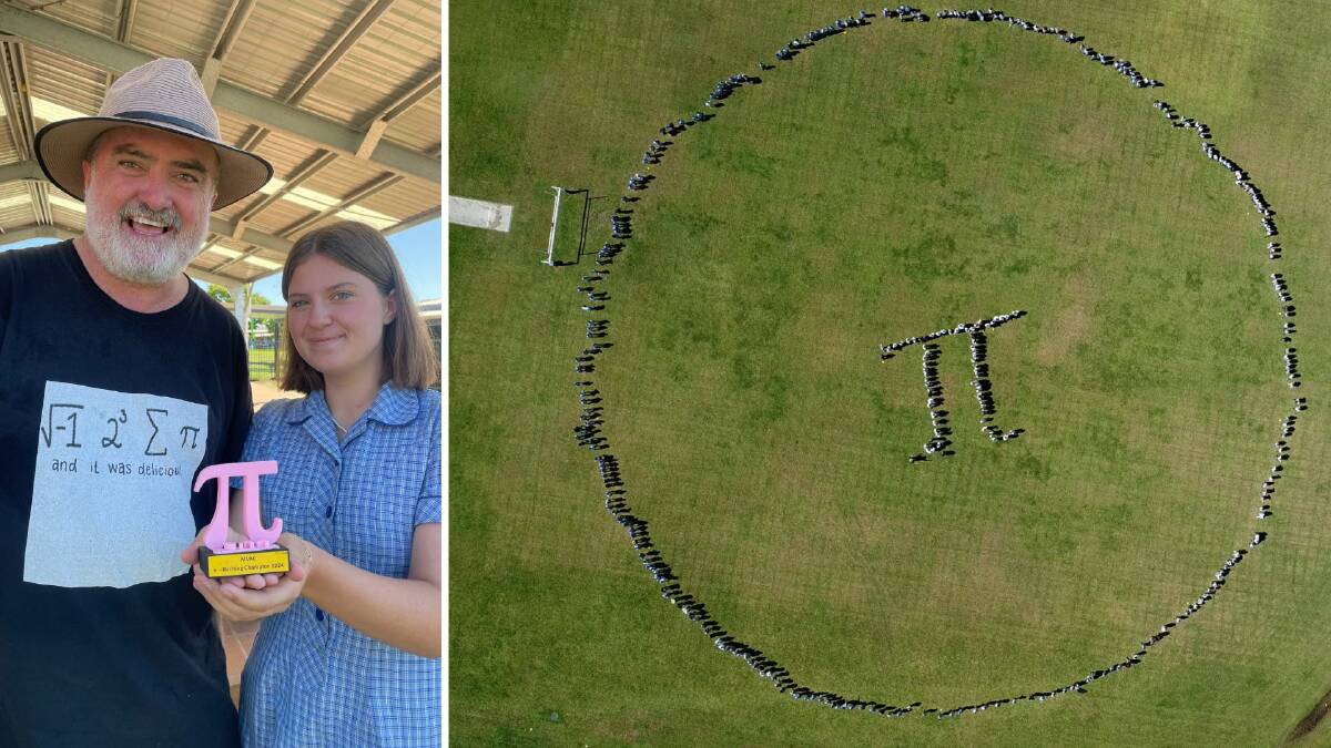 MVAC maths teacher Mr Quince, and winner of the pi recital trophy Dallas Rogers (left) and the human pi symbol as seen from the skies. Pictures supplied. 
