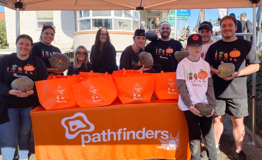 Pathfinders workers Skye Oliver, Nara Donovan, Emma Benson and Ashley Desborough, young person Riley Mammen, workers Chris Bower and James Drury, and participant Cadel James and worker Brandan Somerville (front). Picture Julia Driscoll