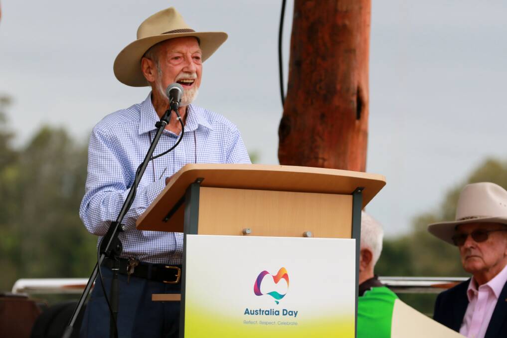 Taree Australia Day ambassador: Jim Frazier OAM giving a speech at the 2022 Australia Day ceremony on the riverbank in Taree. Photo: Scott Calvin