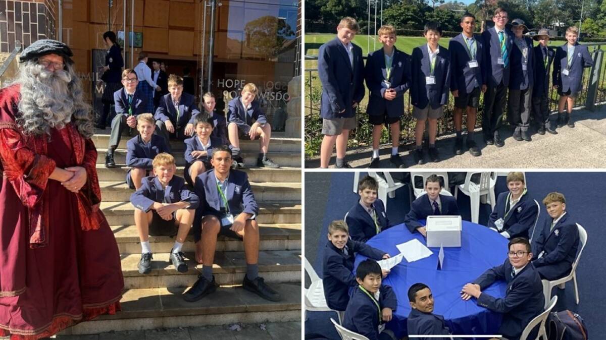 The regional Da Vinci Decathlon winning Year 7 team at Knox Grammar in Sydney for the state championships. Oscar Yeates is first on the left in top right photo, and Tristan Ma third from the left. Pictures supplied