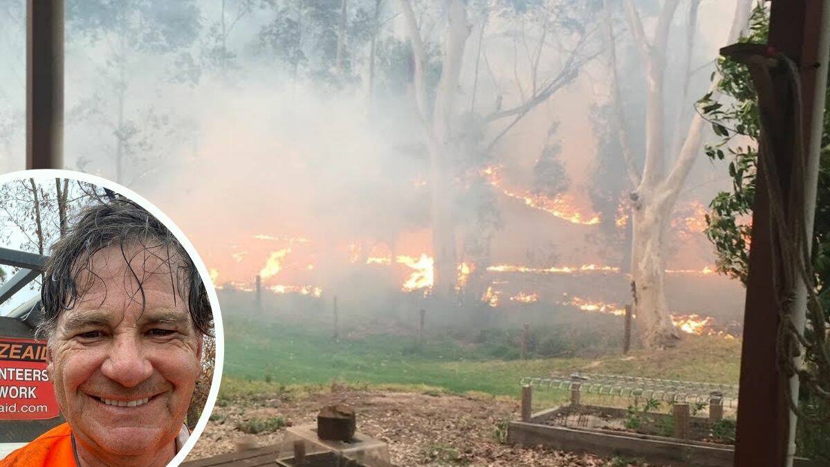 Andrew Bissex (inset) and his property at Killabakh during the Black Summer bushfires. Photos supplied