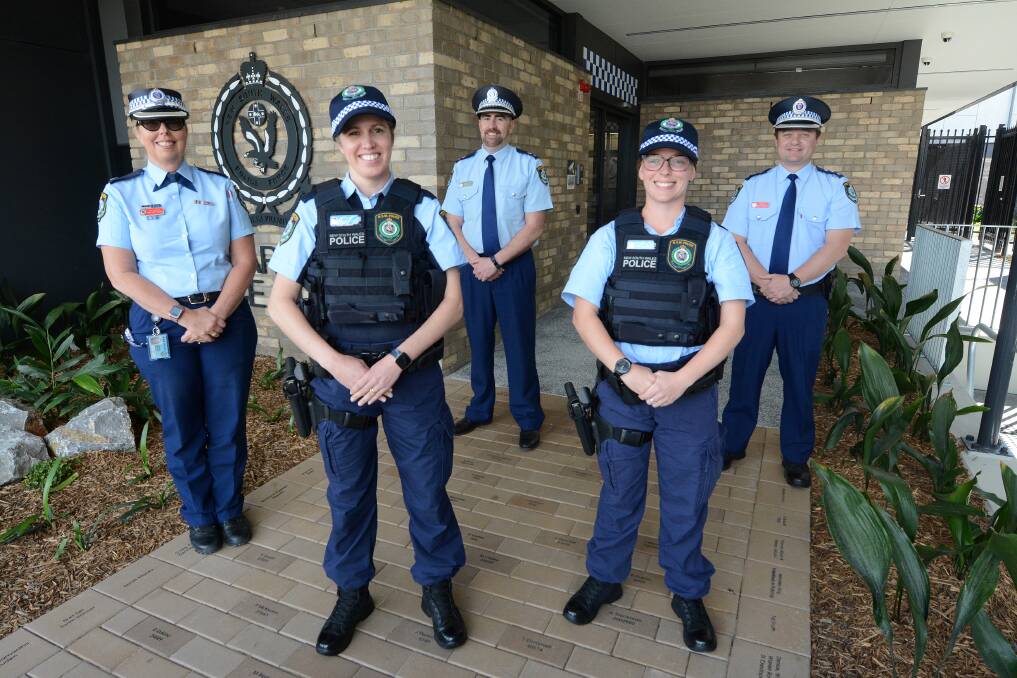 New faces: Probationary constables Candice Ryall and Kahla Craig (front) will be guided by chief inspector Christine George, district commander Superintendent Chris Schilt and inspector Nick Seddon. Photo: Scott Calvin.